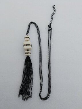 Lain 18" Long Black Chain Necklace Off White Square Beads Chain Tassel